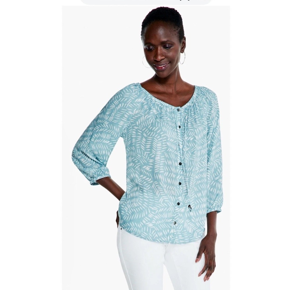 NIC+ZOE Women's Blue White Print 3/4 Sleeve Button Down‎ Blouse Top Medium NWOT